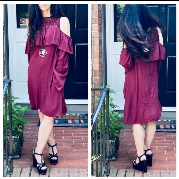 Cold Shoulder Burgundy Dress Long Sleeve Layered Ruffle Detail - Picture 8 of 9